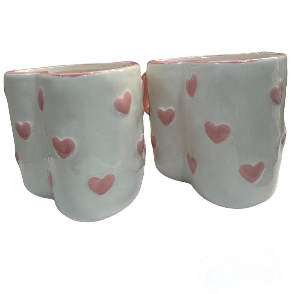 Heart Shape Pink/ White Ceramic Coffee Tea Mug, Painted by Hand 18OZ - Lot of 2 - Picture 2 of 12
